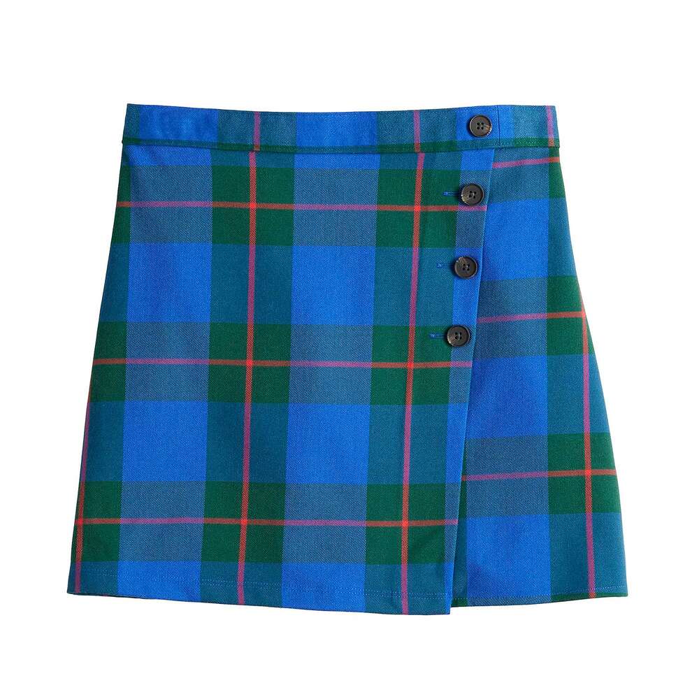 Juniors' SO Good For Life Buttoned Faux Wrap Blue, Green Plaid Skirt Size 17